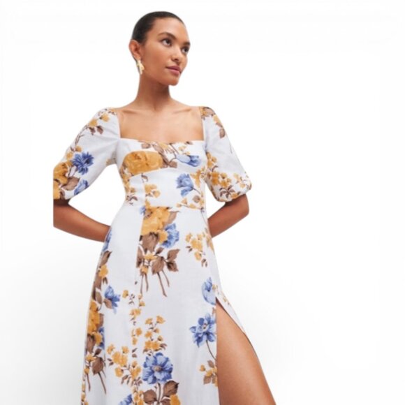 Reformation Belgium Linen Floral Midi Dress Josie Size 4 White Blue Slit - Picture 2 of 15